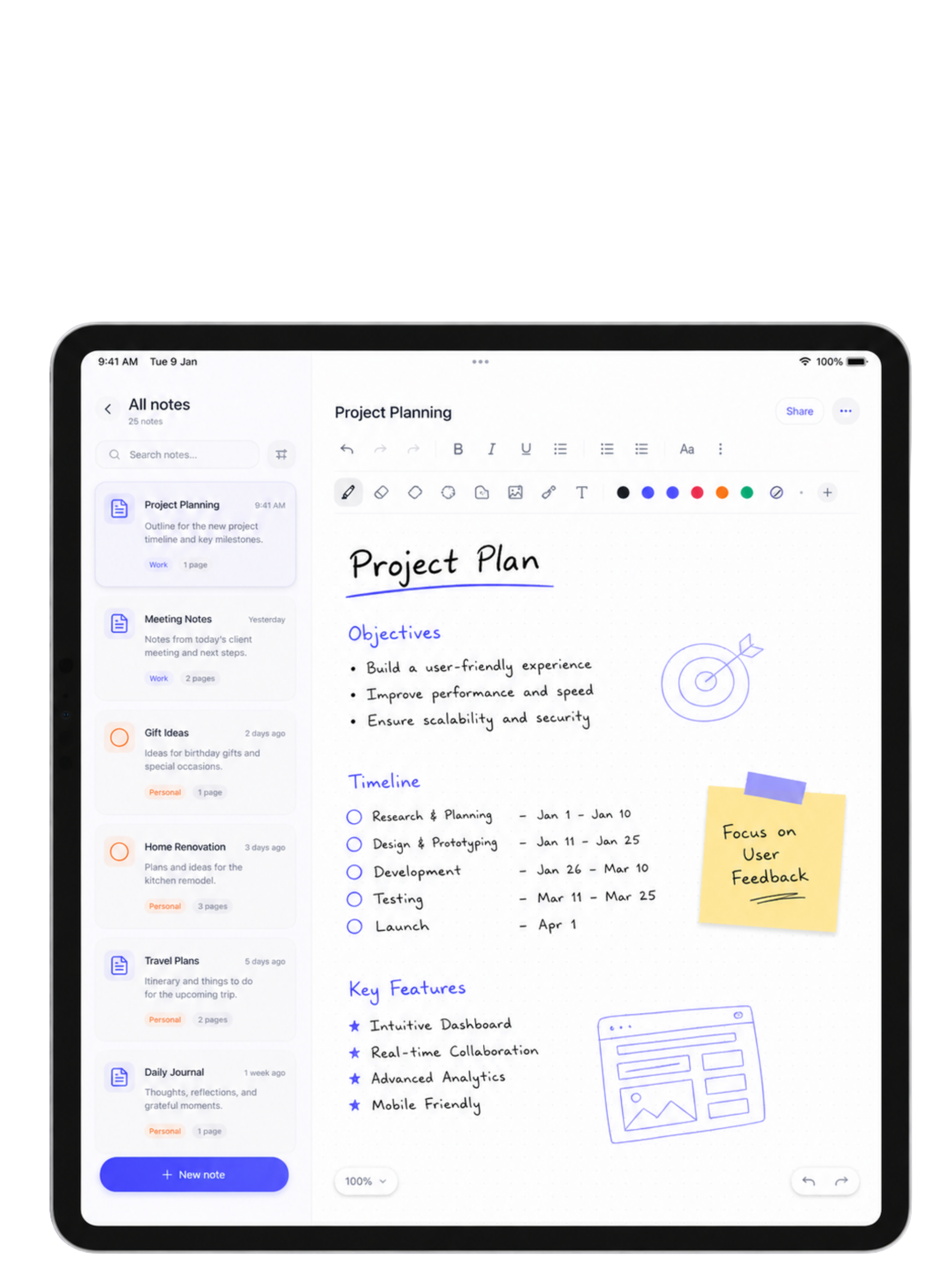 Zentygo app interface showing Project Planning with handwritten notes